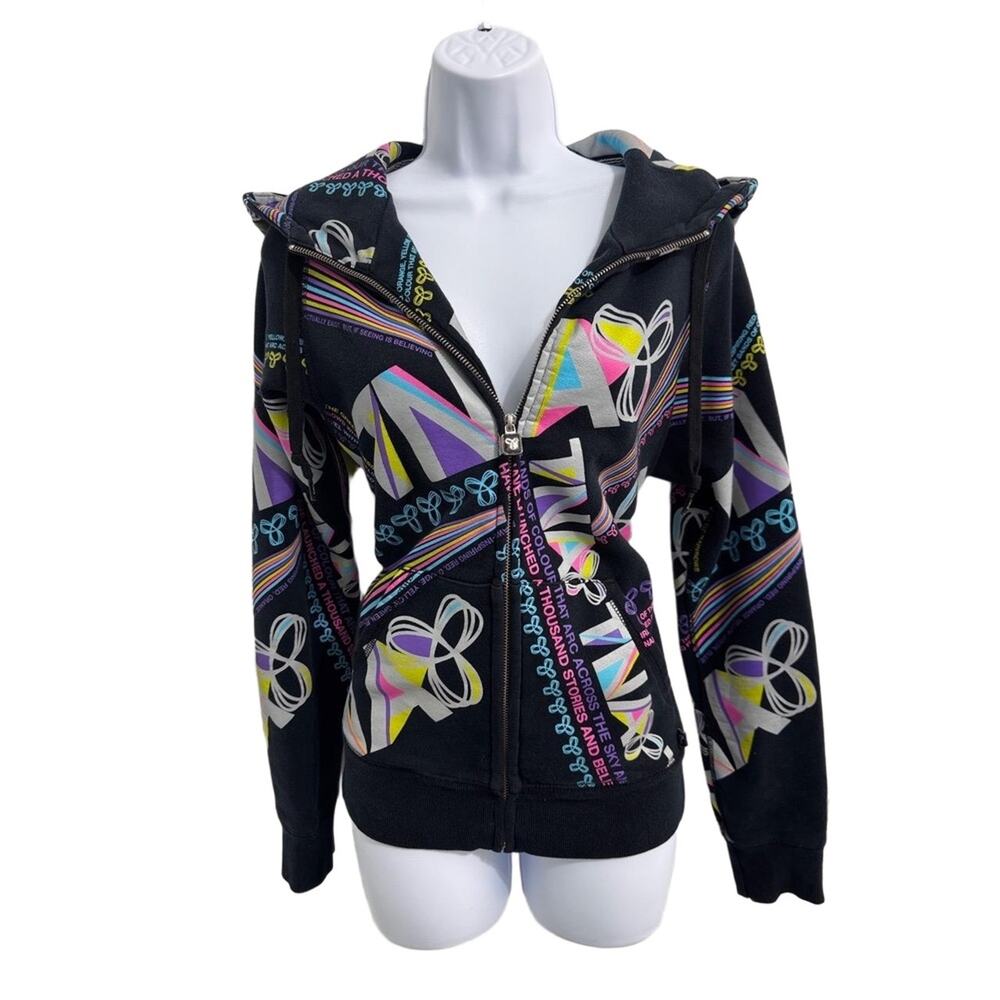 TNA Black & Multi Zipup Hooded Graphic Print Casual Street Hoodie‎ L Y2K VTG